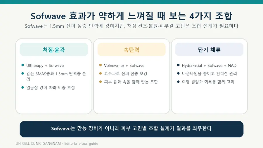 Sofwave는 피부 고민에 따라 다른 장비와 조합할 때 결과 설계가 더 명확해진다.